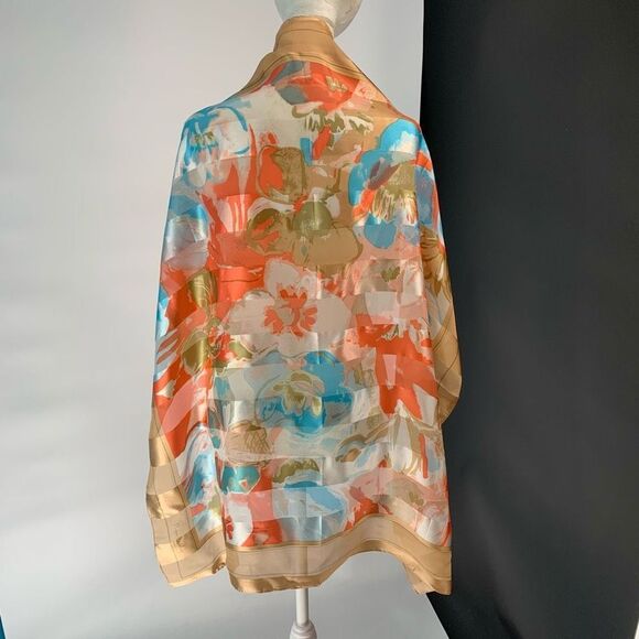 PIERRE CARDIN 100% silk BEIGE BLUE SCARF - Picture 2 of 8